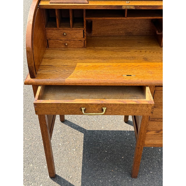 Brown Antique Paris Mfg. Co. Oak Roll-Top Secretary Desk – No. 650 – South Paris, Maine For Sale - Image 8 of 9