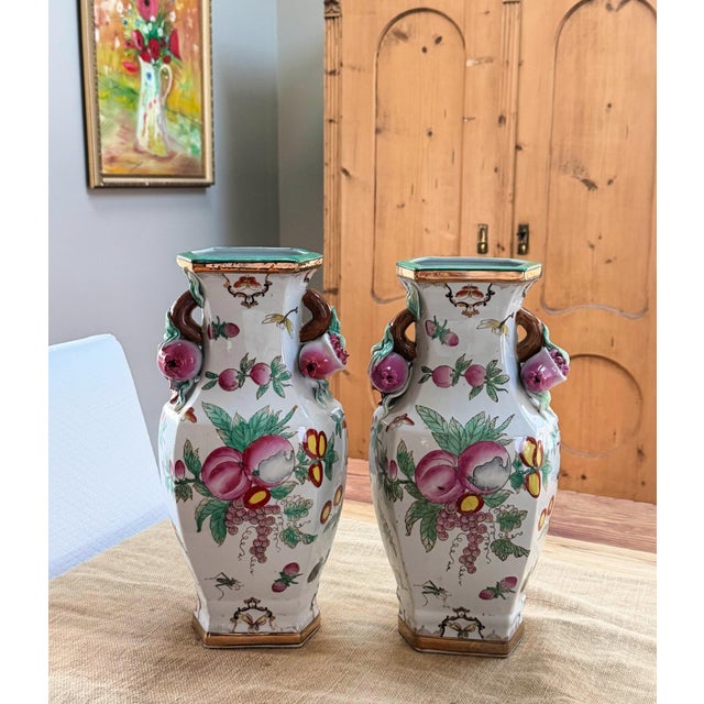 Mid 20th Century Pair of Famille Rose Vases Pomegranate Handles For Sale - Image 5 of 13