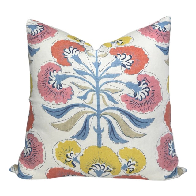 Tybee Floral Linen Pillow in Coral, 22x22 Pillow For Sale