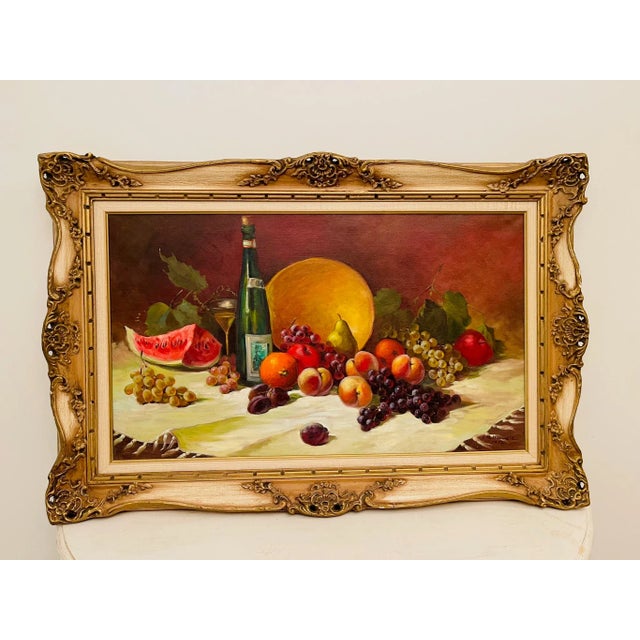 Paint Vintage Fruit and Wine Still Life Oil Painting Signed and Framed For Sale - Image 7 of 7