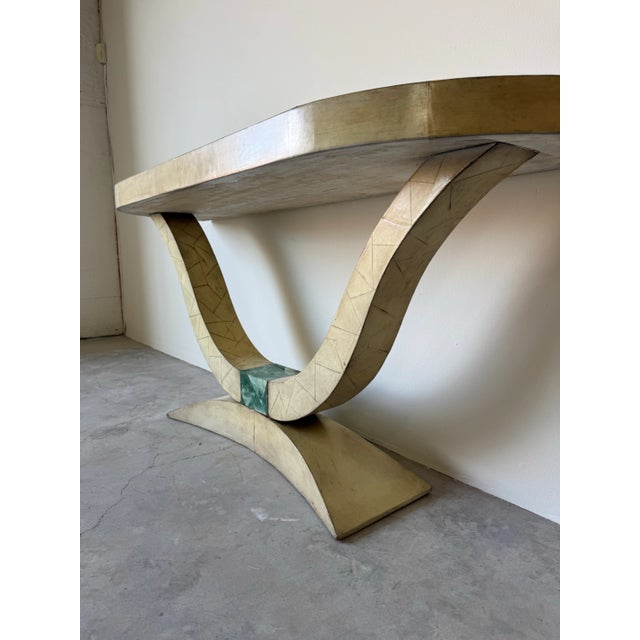 Karl Springer Art Deco–Style Parchment Leather and Malachite Accent Console Table For Sale - Image 9 of 12