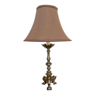 Small Vintage Solid Brass Candlestick Lamp With Shade For Sale