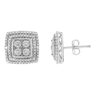 .925 Sterling Silver Diamond Accented Square Shaped Milgrain Stud Earrings, A Pair For Sale