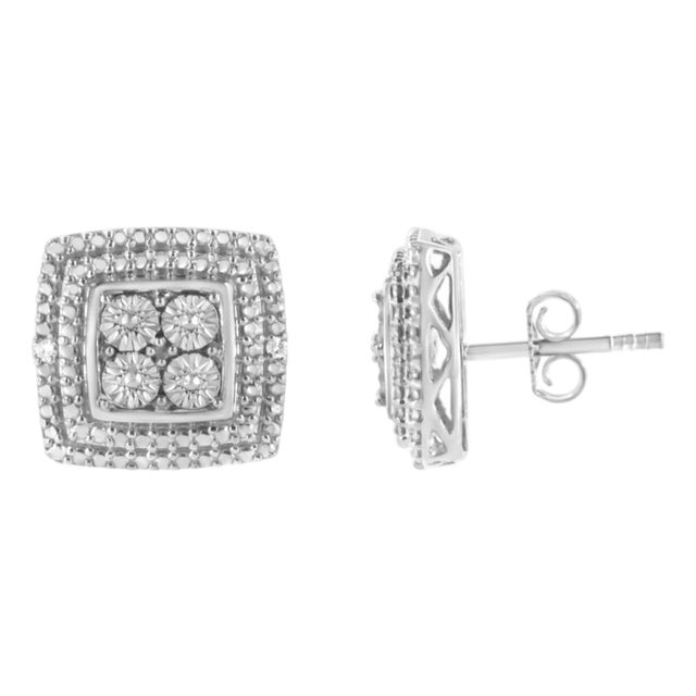 .925 Sterling Silver Diamond Accented Square Shaped Milgrain Stud Earrings, A Pair For Sale