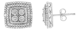 .925 Sterling Silver Diamond Accented Square Shaped Milgrain Stud Earrings, A Pair