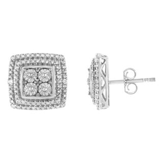 .925 Sterling Silver Diamond Accented Square Shaped Milgrain Stud Earrings (I-J Clarity, I3 Color) For Sale