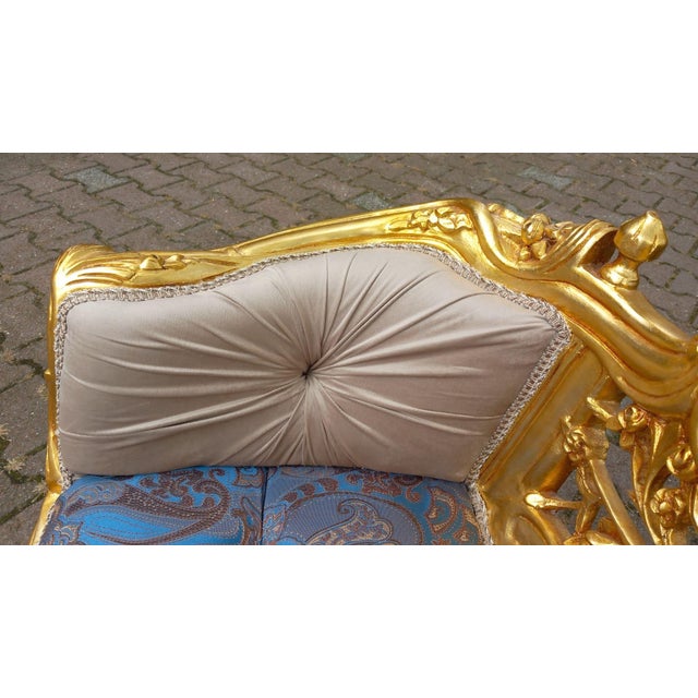 1980s French Louis XVI Settee in Gilded Beech, Blue Damask & Tan Velvet For Sale - Image 11 of 12