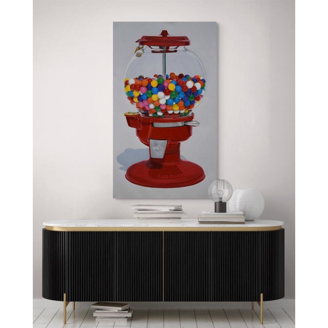 Gumball Machine by Suzy Smith | Oil Painting of a red gumball machine filled with colorful gumballs For Sale - Image 4 of 5