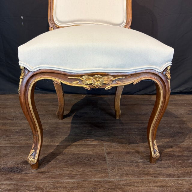 White French Louis XV Walnut Dining Chairs With Gilt & New Upholstery- Set of 6 For Sale - Image 8 of 11