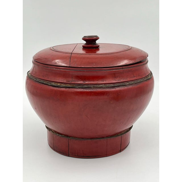 Antique Chinese Red Lacquered Round Wood Box Rice Bucket With Lid For Sale - Image 9 of 11
