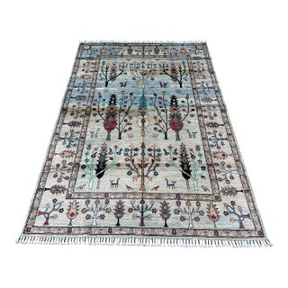 Afghan Pictorial Tree of Life Hand-Knotted Wool Rug - 7'11" X 5'6" For Sale