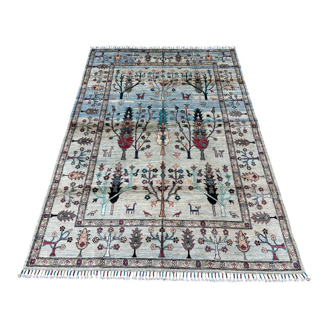 Afghan Pictorial Tree of Life Hand-Knotted Wool Rug - 7'11" X 5'6" For Sale
