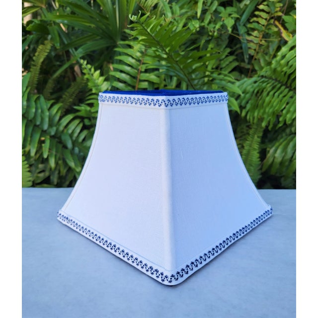 White Contemporary Small White Linen Lampshade Clip on Blue Trim Square Bell For Sale - Image 8 of 13