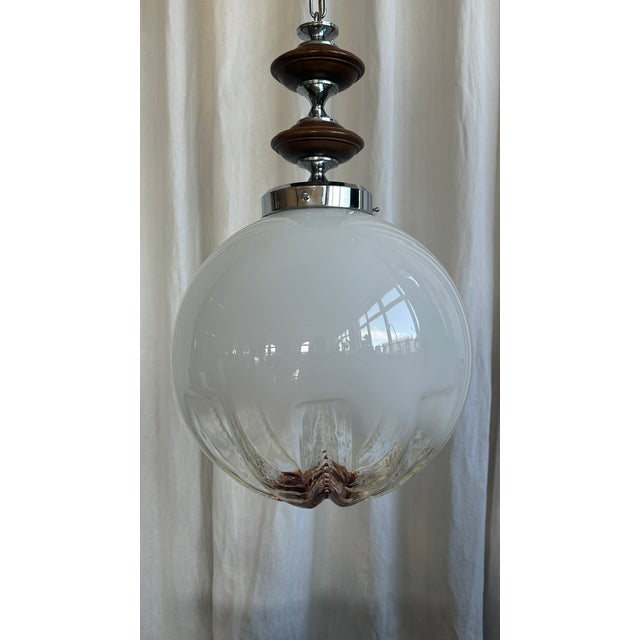 Mid-Century Modern Space Age Italian Sphere Murano Glass Pendant with Wood and Chrome attributed to Mazzega, 1970s For Sale - Image 3 of 18