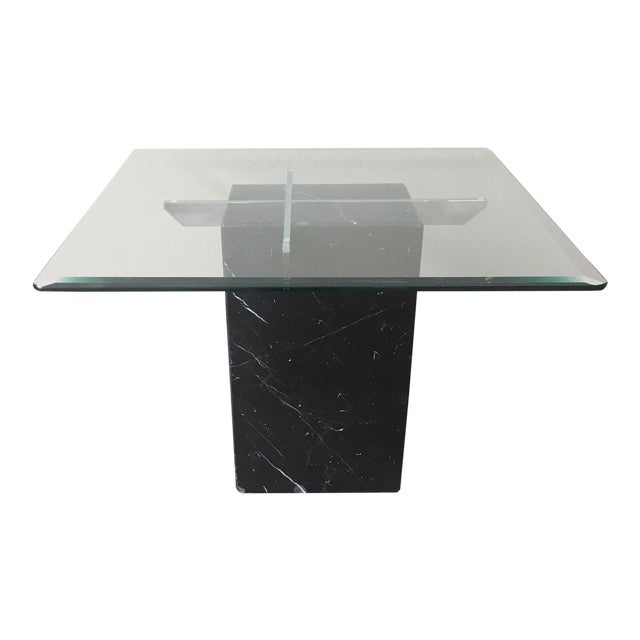 Vintage Black Marble Pedestal Side Table With Chrome Supports and Glass