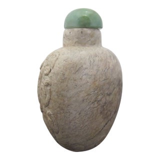 Chinese Qing Chicken Bone Jade Dragon Carved Snuff Bottle With Green Jade Top For Sale