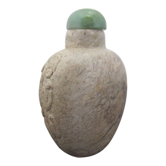 Chinese Qing Chicken Bone Jade Dragon Carved Snuff Bottle With Green Jade Top For Sale