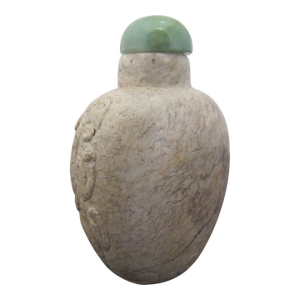 Chinese Qing Chicken Bone Jade Dragon Carved Snuff Bottle With Green Jade Top