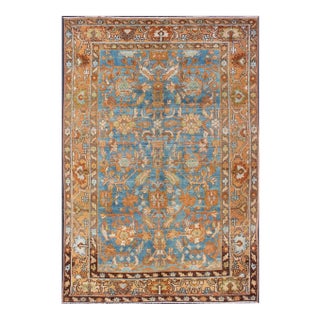 Botanical Design Persian Malayer Antique Rug in Blue, Rust, and Orange Tones For Sale
