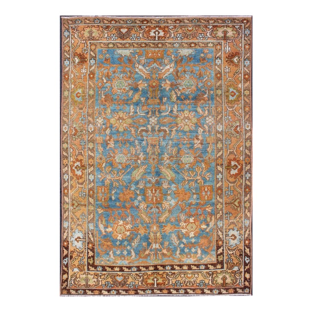 Botanical Design Persian Malayer Antique Rug in Blue, Rust, and Orange Tones For Sale