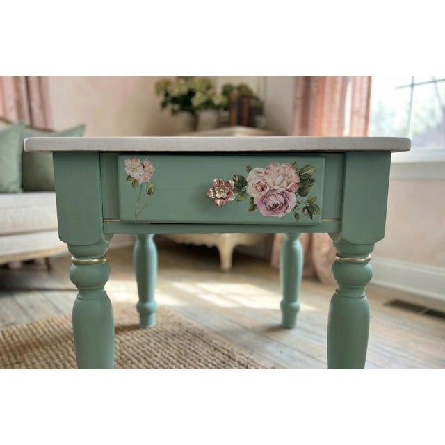 Pair of Hand-Refinished End Tables With Custom Soft Green Finish and Floral Detail For Sale - Image 9 of 10