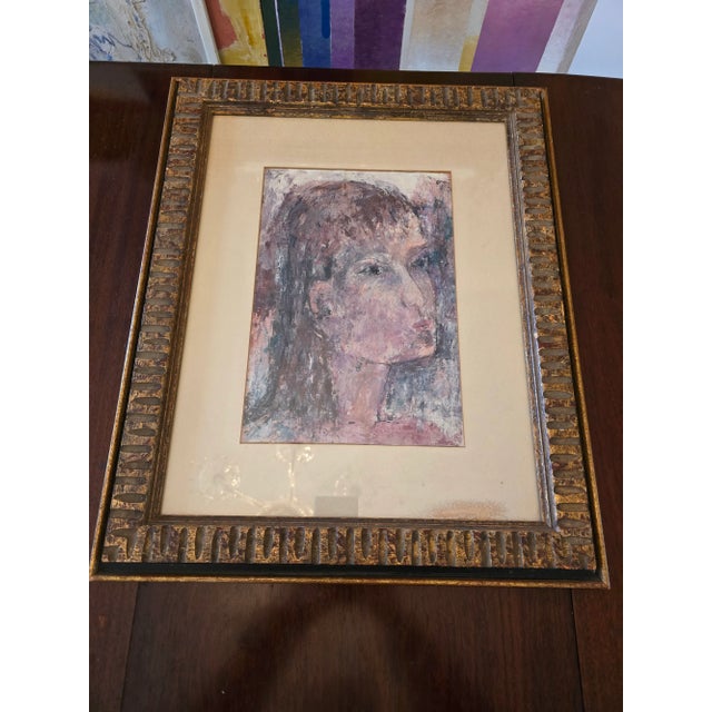 Vintage Mid Century Modern Watercolor Painting of Girl For Sale - Image 9 of 12