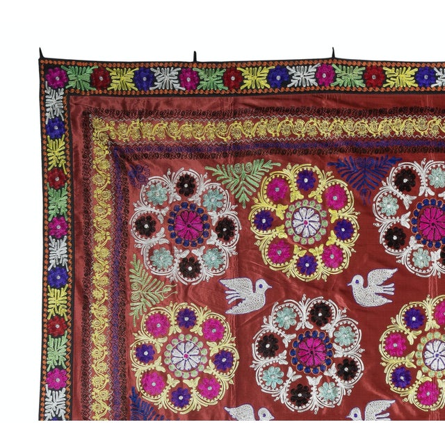 Traditional 9x10.2 Ft One of a Kind Vintage Silk Embroidery Bed Cover. Red Wall Hanging For Sale - Image 3 of 6