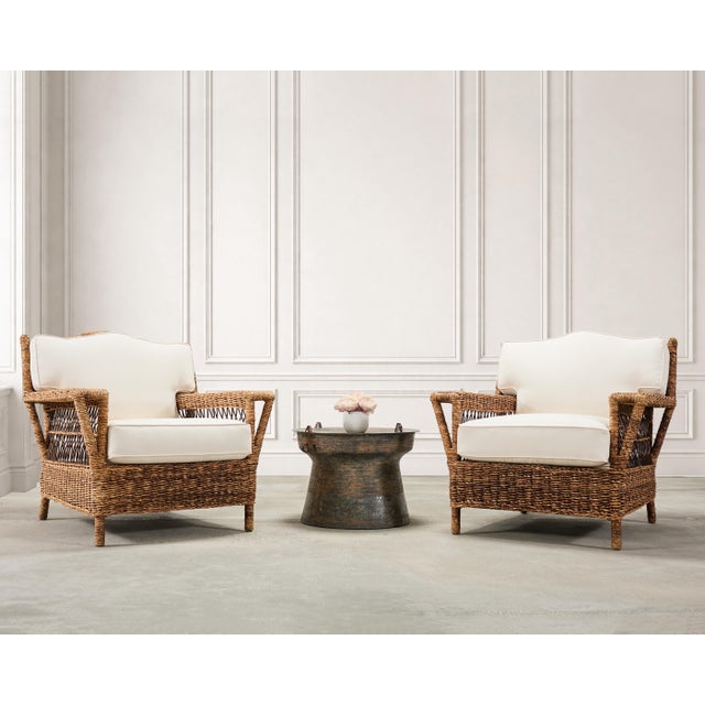 Rare and oversized pair of organic modern coastal armchairs or loungers with matching ottoman designed by Ralph Lauren in...