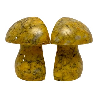 Mid Century Genuine Alabaster Stone Hand Carved Mushroom Bookends, Italy- a Pair For Sale