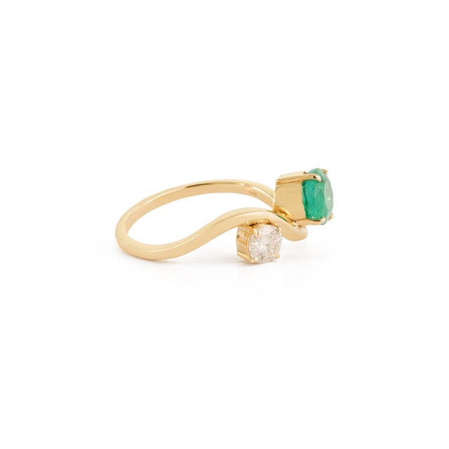 Metal 14k Yellow Gold 1.41ct Natural Oval Emerald & Diamond Wavy Toi Et Moi Ring Size 4 For Sale - Image 7 of 18