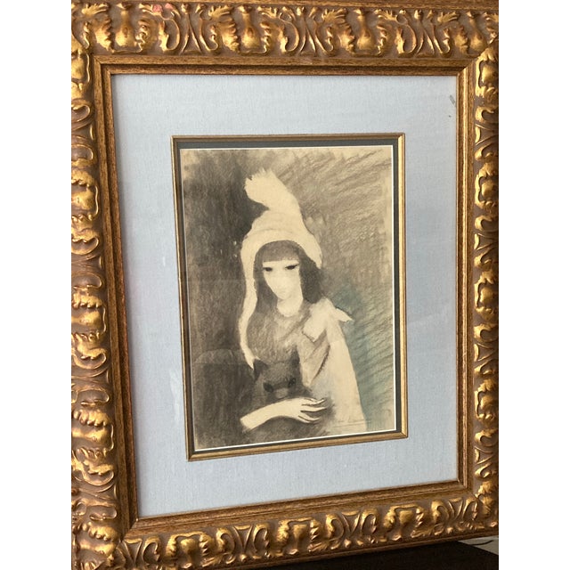 Drawing/Sketching Materials Marie Laurencin Female French Artist Fille Avec Chat Signed Marie Laurencin' (Lower Right) Charcoal Wash and Crayon on Paper Laid Down to Board For Sale - Image 7 of 12
