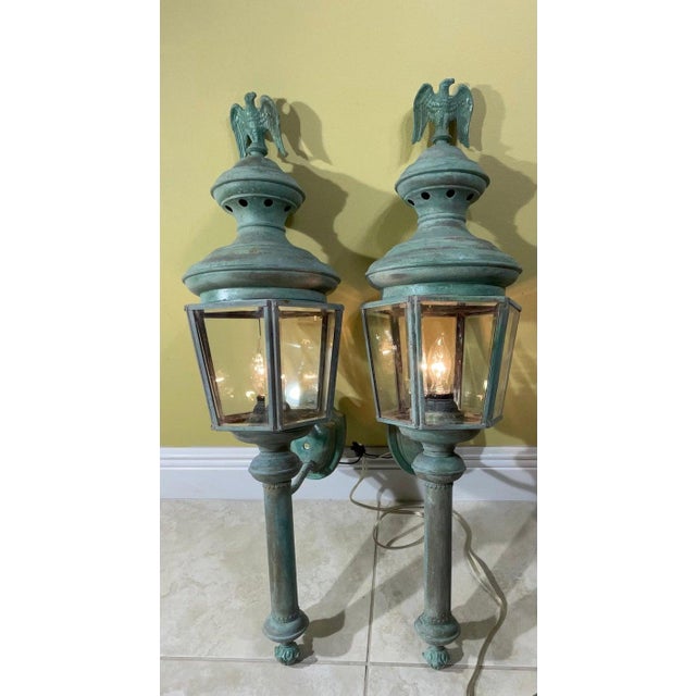 American Magnificent Pair of Vintage Solid Brass Eagle-Topped Wall Lanterns For Sale - Image 3 of 17