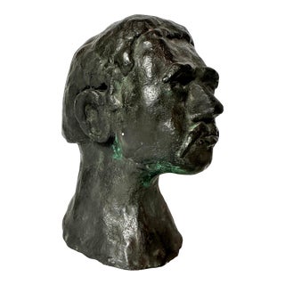 Vintage Plaster Sculpture Bust of a Mustached Man in Verdigris Glaze For Sale