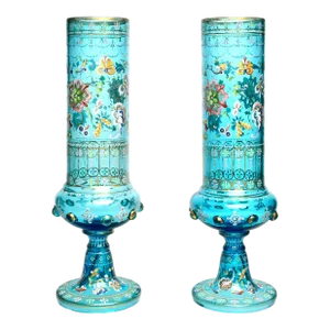 Antique Hand-Enamelled Bohemian Glass Mantle Vases - a Pair
