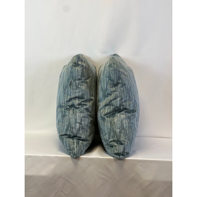 Custom-tailored 20” feather/down pillows in blue velvet flamestitch fabric. Hidden zipper closures. New feather/down...
