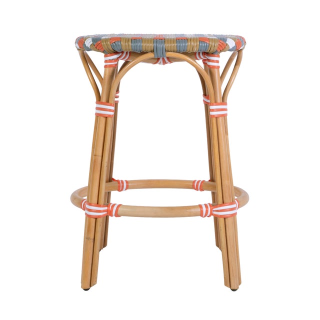 2020s Ballito 24.5 in. Seat Height Oval Rattan Counter Stool with Footrest, French Orange, Brown, Gray & White For Sale - Image 5 of 8