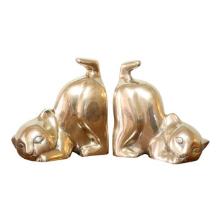 1970s Vintage Brass Kitten Bookends - a Pair For Sale
