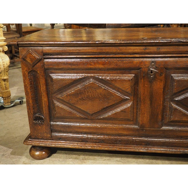 Elegant Antique Oak Lozenge Paneled Trunk From France, 18th Century For Sale - Image 9 of 18