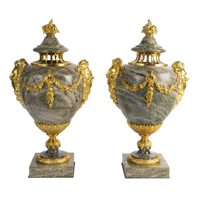 Louis XVI Green Granite Cassolettes with Gilded Bronze, Set of 2 For Sale
