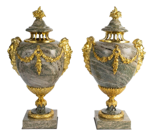 Louis XVI Green Granite Cassolettes with Gilded Bronze, Set of 2