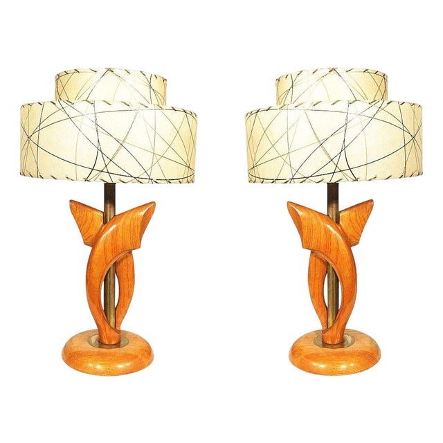1950s Mid-Century Modern Yasha Heifetz Free-Form Oak and Brass Table Lamps - a Pair For Sale