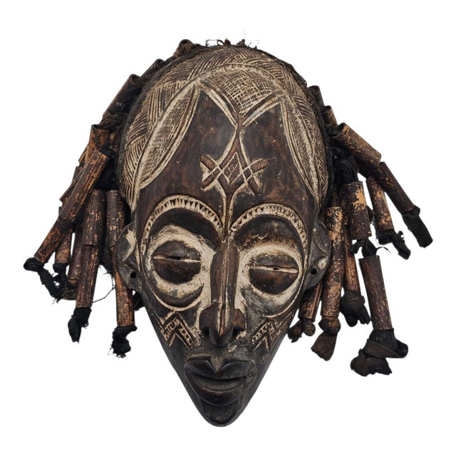 Authentic Chokwe Chikunga Mask With Bamboo Headdress, Hand-Carved Congo Wood Tribal Art For Sale