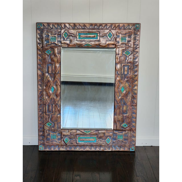 Artisan Signed Native American Navajo Tribal Diné Carved Turquoise Inlay Wall Mirror For Sale - Image 10 of 12