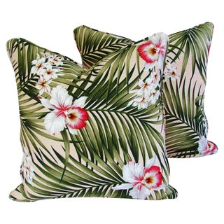 Tropical Lush Palm Leaf & Orchid Feather/Down Pillows 20" Square - Pair For Sale