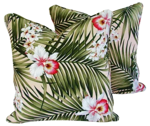 Tropical Lush Palm Leaf & Orchid Feather/Down Pillows 20" Square - Pair