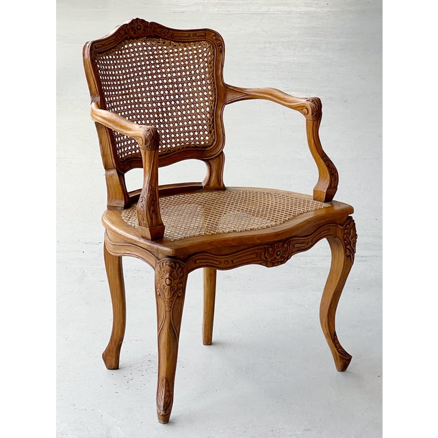 French Pair of 1960s French Wood and Cane Arm Chairs Louis XV Style by Marie Albert For Sale - Image 3 of 18