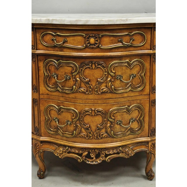 Vintage French Louis XV Style Bombe Demilune Marble Top Floral Painted Commode For Sale - Image 4 of 14