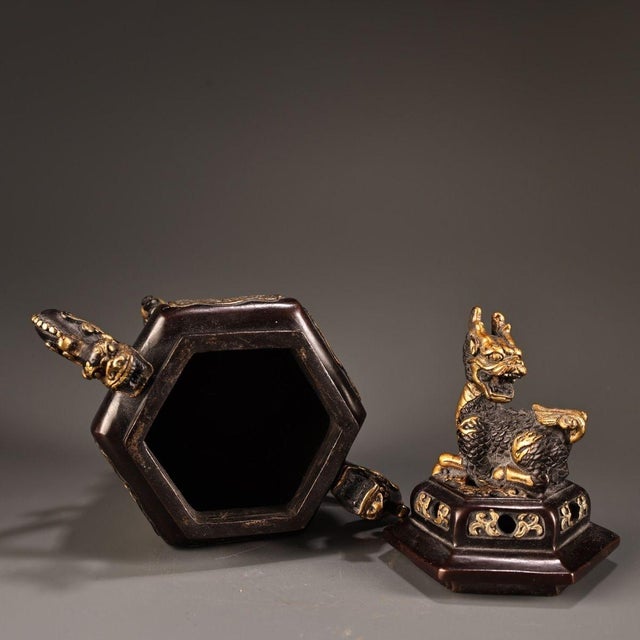 Gilt Bronze Censer With Dragon Handles & Qilin Finial - Incense Burner For Sale In Los Angeles - Image 6 of 8