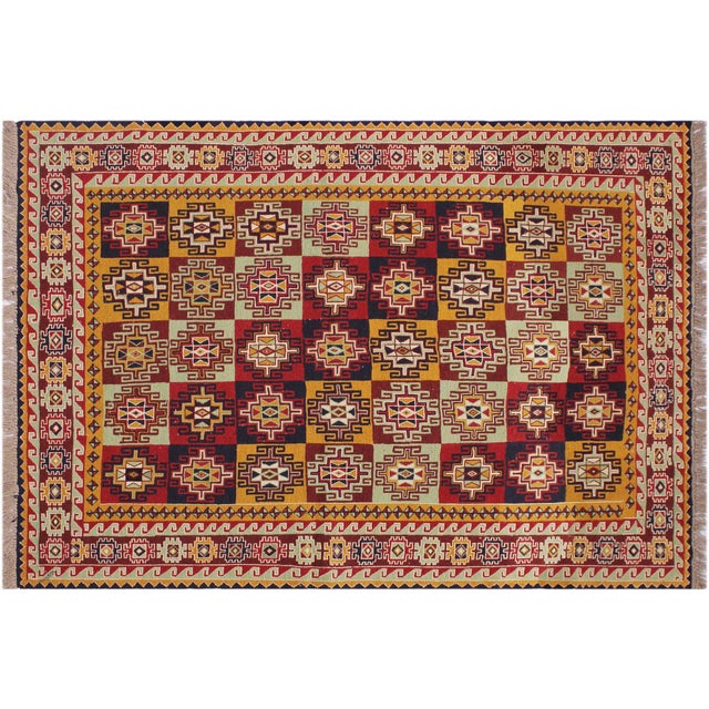 Vintage Soumak Red/Green Wool Rug - 5'0'' X 7'2'' For Sale - Image 9 of 10