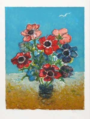 Henri Westel Lithograph - Blue and Red Flowers